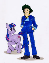 Size: 523x671 | Tagged: safe, artist:rabbi-tom, character:twilight sparkle, character:twilight sparkle (unicorn), species:human, species:pony, species:unicorn, cowboy bebop, crossover, female, implied spike, male, mare, namesake, silly, spike spiegel