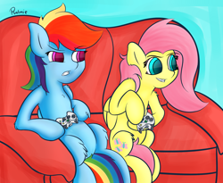 Size: 2000x1639 | Tagged: safe, artist:psalmie, character:fluttershy, character:rainbow dash, gaming