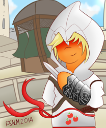 Size: 2500x3000 | Tagged: safe, artist:psalmie, character:applejack, armor, assassin, assassin's creed, female, freckles, hidden eyes, solo, weapon