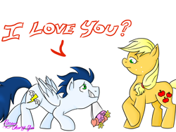 Size: 1024x768 | Tagged: safe, artist:tomcolt15, character:applejack, character:soarin', ship:soarinjack, backwards cutie mark, cute, dialogue, female, flower, flower in mouth, hatless, male, missing accessory, mouth hold, nervous, old cutie mark, shipping, signature, smiling, straight