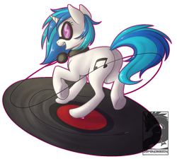 Size: 900x811 | Tagged: safe, artist:chubby-kirin, character:dj pon-3, character:vinyl scratch, species:pony, species:unicorn, butt, female, headphones, mare, plot, record, simple background, solo, sunglasses, transparent background, vinyl disc