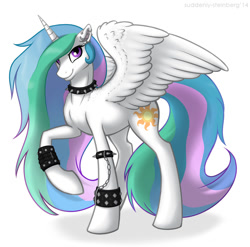 Size: 1000x986 | Tagged: safe, artist:spiggy-the-cat, character:princess celestia, species:alicorn, species:pony, bracelet, chains, choker, ear piercing, female, looking at you, metal, metal as fuck, metalestia, piercing, raised hoof, simple background, smiling, solo, spiked choker, spiked wristband, spread wings, white background, wings
