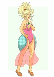 Size: 566x800 | Tagged: safe, artist:muramasa, character:applejack, species:human, applejewel, bare shoulders, clothing, fashion, female, humanized, leotard, simple background, sleeveless, solo, strapless