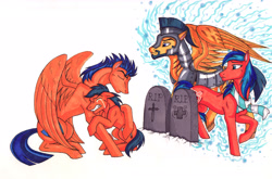 Size: 3255x2144 | Tagged: safe, artist:whitefangkakashi300, character:first base, character:flash sentry, oc, armor, brothers, clothing, crying, gravestone, hug, orange bros, parent, scarf