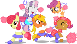 Size: 1024x583 | Tagged: safe, artist:bigdream64, character:apple bloom, character:babs seed, character:scootaloo, character:sweetie belle, oc, cheerleader, clothing, crossover, cutie mark crusaders, elite beat agents, midriff, pom pom, rhythm game, simple background, skirt, transparent background, vector