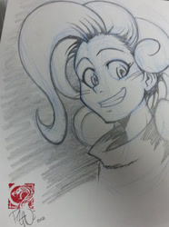 Size: 500x671 | Tagged: safe, artist:phn, character:pinkie pie, species:human, female, grin, humanized, looking at you, sketch, smiling, solo, traditional art