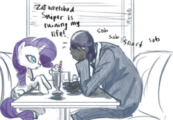 Size: 855x592 | Tagged: safe, artist:multiversecafe, character:rarity, crossover, crying, dialogue, diner, drink, milkshake, partial color, spy, table, team fortress 2