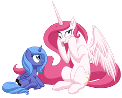 Size: 718x580 | Tagged: safe, artist:weirdofish, character:princess celestia, character:princess luna, species:pony, blep, cewestia, cute, cutelestia, derp, filly, pink-mane celestia, silly, silly pony, simple background, smiling, tongue out, woona