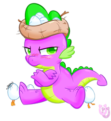 Size: 1087x1180 | Tagged: safe, artist:shadowhulk, character:spike, species:duck, duckling, egg, grumpy, hatching, male, nest, solo