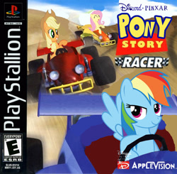 Size: 664x650 | Tagged: safe, artist:alerkina2, edit, character:applejack, character:fluttershy, character:rainbow dash, activision, bad edit, esrb, parody, playstation, toy story, toy story racer