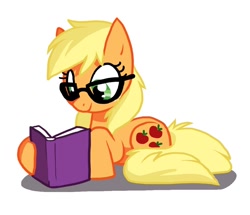 Size: 1000x859 | Tagged: safe, artist:cobracookies, character:applejack, species:earth pony, species:pony, book, female, glasses, prone, reading, smiling, solo