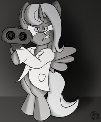 Size: 1062x1280 | Tagged: safe, artist:frisky, character:princess luna, species:pony, clothing, cute, female, filly, grayscale, lab coat, monochrome, rocket launcher, science woona, solo, woona