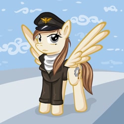 Size: 600x600 | Tagged: safe, artist:alevgor, oc, oc only, oc:greasette cogwheel, species:pegasus, species:pony, cap, clothing, female, hat, jacket, military, scarf, solo