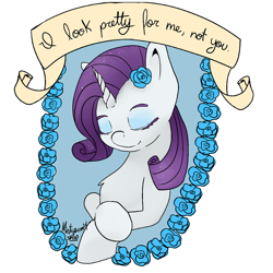 Size: 1280x1280 | Tagged: safe, artist:dozymouse, character:rarity, eyes closed, female, feminist ponies, flower, flower in hair, old banner, positive message, positive ponies, smiling, solo, subversive kawaii