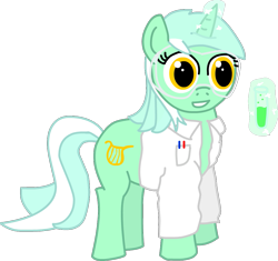 Size: 993x934 | Tagged: safe, artist:roflpony, character:lyra heartstrings, species:pony, species:unicorn, clothing, female, goggles, lab coat, safety goggles, science, simple background, solo, test tube, transparent background