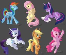 Size: 3000x2500 | Tagged: safe, artist:hecatehell, character:applejack, character:fluttershy, character:pinkie pie, character:rainbow dash, character:rarity, character:twilight sparkle, species:earth pony, species:pegasus, species:pony, species:unicorn, book, clothing, cowboy hat, cute, eyes closed, female, gray background, hat, jumping, lidded eyes, looking at you, mane six, mare, open mouth, plot, raised hoof, signature, simple background, smiling, stetson, tongue out