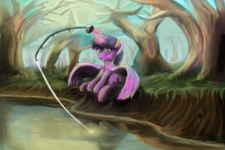 Size: 1500x1000 | Tagged: safe, artist:khyperia, character:twilight sparkle, character:twilight sparkle (alicorn), species:alicorn, species:pony, female, fishing, fishing rod, magic, mare, solo
