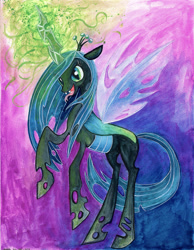 Size: 900x1162 | Tagged: safe, artist:colourbee, character:queen chrysalis, species:changeling, changeling queen, female, frown, glowing horn, open mouth, rearing, smiling, solo, standing, tongue out