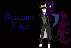 Size: 1024x689 | Tagged: safe, artist:thelordofdust, oc, oc:maneia, oc:nocturna, species:anthro, species:pony, species:unicorn, belt, clothing, coat, crossover, hat, human facial structure, jojo's bizarre adventure, jotaro kujo, lipstick, mascara, obsession is magic, over shoulder, pants, smiling, stand