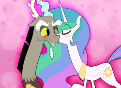 Size: 1024x745 | Tagged: safe, artist:chandelurres, character:discord, character:princess celestia, ship:dislestia, blushing, female, kiss on the cheek, kissing, male, shipping, straight