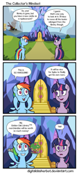 Size: 800x1757 | Tagged: safe, artist:digitaldasherbot, character:rainbow dash, character:twilight sparkle, character:twilight sparkle (alicorn), species:alicorn, species:pony, episode:twilight's kingdom, g4, my little pony: friendship is magic, ccg, comic, female, golden oaks library, mare, merchandise, twilight's castle