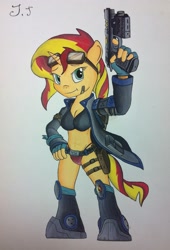 Size: 1280x1880 | Tagged: safe, artist:jet-ann, character:sunset shimmer, species:anthro, belly button, boots, breasts, busty sunset shimmer, cleavage, clothing, female, goggles, gun, handgun, holster, jacket, midriff, no trigger discipline, panties, pistol, shoes, solo, thong, traditional art, underwear, weapon