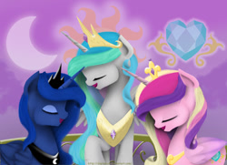 Size: 1024x742 | Tagged: safe, artist:digitalcyn, character:princess cadance, character:princess celestia, character:princess luna, episode:twilight's kingdom, g4, my little pony: friendship is magic, eyes closed, open mouth, singing, you'll play your part