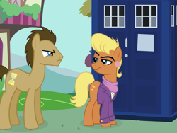 Size: 885x667 | Tagged: safe, artist:snx11, artist:theevilflashanimator, character:doctor whooves, character:ms. harshwhinny, character:time turner, species:earth pony, species:pony, crossover, doctor who, female, male, mare, stallion, tardis, the doctor