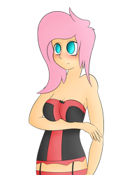 Size: 2000x2800 | Tagged: safe, artist:psalmie, character:fluttershy, species:human, blushing, cleavage, clothing, female, humanized, lingerie, ribbon, solo