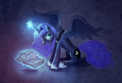 Size: 1041x706 | Tagged: safe, artist:fra-92, character:princess luna, book, female, magic, sitting, solo
