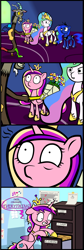 Size: 1200x3561 | Tagged: safe, artist:cogweaver, character:discord, character:princess cadance, character:princess celestia, character:princess luna, ship:dislestia, :o, bouquet, cabinet, comic, eye twitch, female, file, floppy ears, frown, grin, gritted teeth, male, messy mane, princess of love, princess of shipping, scene parody, shipper on deck, shipping, shipping chart, smiling, straight, surprised, twilight's castle, wide eyes
