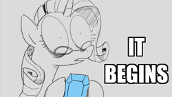 Size: 673x379 | Tagged: safe, artist:vanripper, character:rarity, fanfic:like fine wine, fanfic, female, frown, gem, glasses, hoof hold, it begins, open mouth, reaction image, shocked, simple background, solo, text, the simpsons, wide eyes