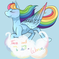 Size: 3300x3300 | Tagged: safe, artist:dozymouse, character:rainbow dash, cloud, eyes closed, female, feminism, feminist ponies, flying, leftist ponies, mouthpiece, positive message, positive ponies, smiling, solo, spread wings, subversive kawaii, wings