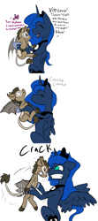 Size: 865x1952 | Tagged: safe, artist:an everfree rat, character:cheerilee, character:princess luna, oc, oc:marble patches, bald, crack, headbutt, pain, struggling