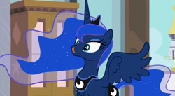 Size: 854x467 | Tagged: dead source, safe, artist:mysticolt, character:princess luna, species:pony, blep, cross-eyed, female, horses doing horse things, silly, silly pony, smiling, solo, spread wings, tongue out, wings, youtube link