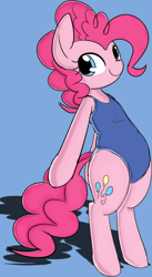 Size: 404x739 | Tagged: safe, artist:mcsadat, artist:thepolymath, character:pinkie pie, species:pony, bipedal, blue background, clothing, colored, cute, diapinkes, featureless crotch, female, one-piece swimsuit, simple background, smiling, solo, sukumizu, swimsuit