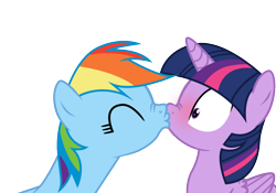 Size: 1000x700 | Tagged: safe, artist:paulyvectors, character:rainbow dash, character:twilight sparkle, character:twilight sparkle (alicorn), species:alicorn, species:pony, ship:twidash, female, kissing, lesbian, mare, shipping, simple background, surprise kiss, surprised, transparent background, vector