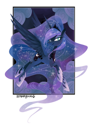 Size: 700x972 | Tagged: safe, artist:starrypon, character:princess luna, species:alicorn, species:pony, cloud, cute, ethereal mane, female, flying, galaxy mane, lunabetes, mare, out of frame, smiling, solo