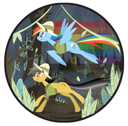 Size: 800x787 | Tagged: safe, artist:starrypon, character:daring do, character:rainbow dash, flying, rainbow trail