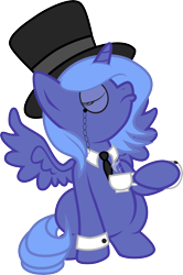 Size: 7000x10531 | Tagged: safe, artist:groxy-cyber-soul, character:princess luna, species:pony, absurd resolution, classy, clothing, female, filly, hat, monocle, simple background, solo, tea, top hat, woona