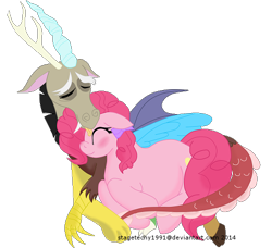 Size: 500x455 | Tagged: safe, artist:stagetechyart, character:discord, character:pinkie pie, species:draconequus, species:earth pony, species:pony, ship:discopie, blushing, eyes closed, female, male, preggy pie, pregnant, shipping, straight