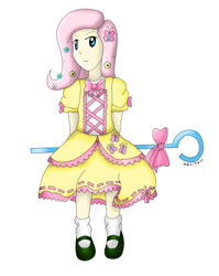 Size: 478x600 | Tagged: safe, artist:sudro, character:fluttershy, species:human, g4, clothing, dress, female, humanized, simple background, solo, style emulation, touhou, white background, zun