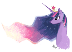Size: 726x532 | Tagged: safe, artist:tatinee, character:twilight sparkle, character:twilight sparkle (alicorn), species:alicorn, species:pony, big crown thingy, bust, ethereal mane, female, jewelry, mare, older, portrait, regalia, simple background, solo, ultimate twilight, white background