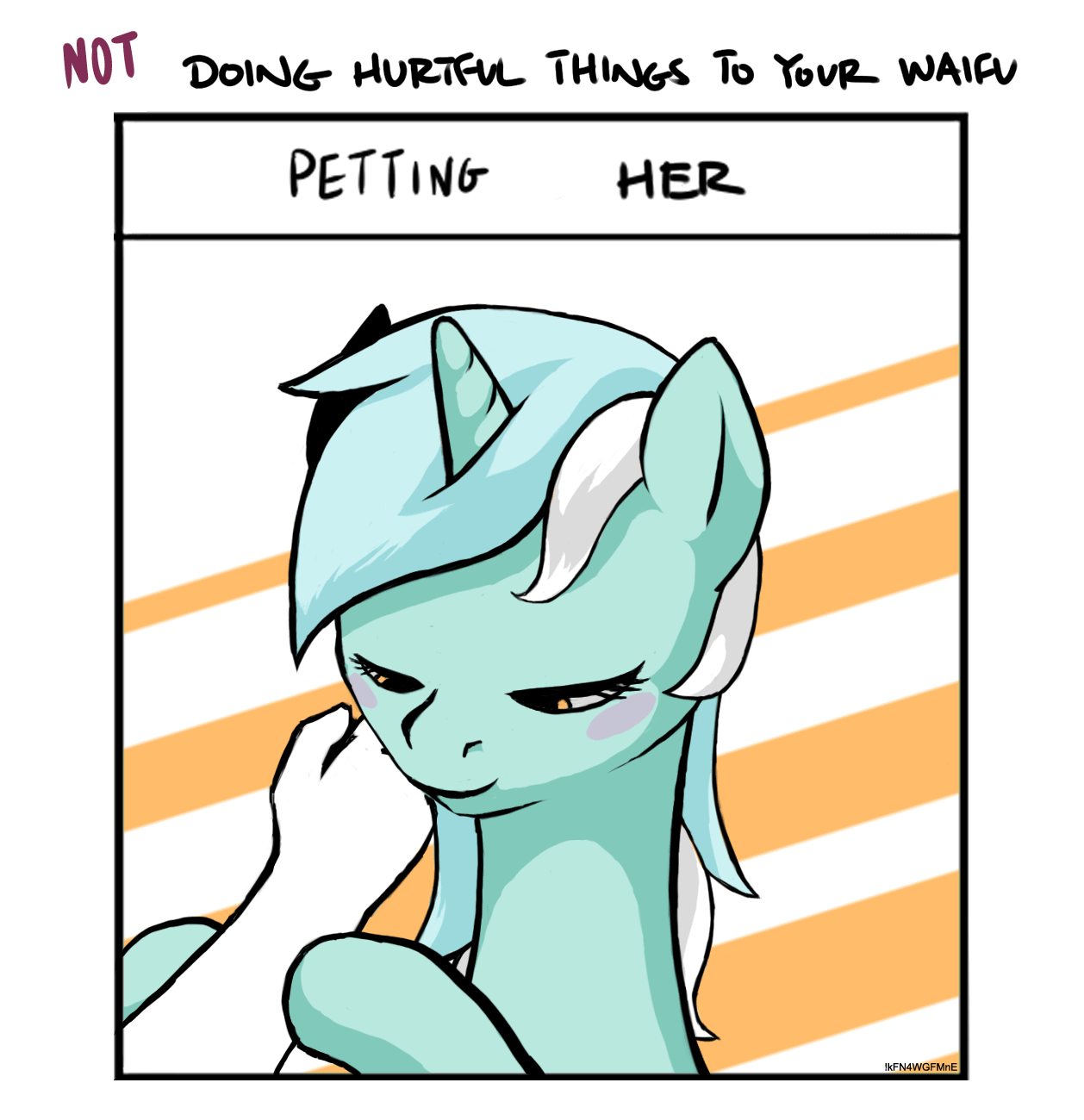 Size: 1258x1300 | Tagged: safe, artist:steve, character:lyra heartstrings, species:human, species:pony, species:unicorn, animated, blinking, blushing, cute, doing loving things, eyes closed, female, hand, lyrabetes, mare, meme, offscreen character, petting, petting her, pov, smiling, that pony sure does love hands, waifu