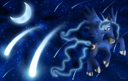Size: 2670x1698 | Tagged: safe, artist:rose-beuty, character:princess luna, energy mane, female, flying, meteor, meteor shower, moon, night, portal mane, solo, stars, surreal
