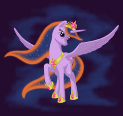 Size: 1920x1814 | Tagged: safe, artist:nebulastar985, character:twilight sparkle, character:twilight sparkle (alicorn), species:alicorn, species:pony, fanfic:midnight star, big crown thingy, blue background, ethereal mane, female, galaxy mane, hoof shoes, jewelry, looking at you, mare, older, peytral, raised hoof, regalia, simple background, smiling, solo, spread wings, ultimate twilight, windswept mane, wings