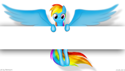 Size: 1920x1080 | Tagged: safe, artist:reinkorn, character:rainbow dash, female, leaning, looking at you, smiling, solo, spread wings, suspended, wings