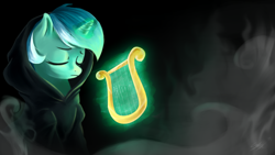 Size: 1920x1080 | Tagged: safe, artist:seyllah, character:lyra heartstrings, species:pony, species:unicorn, fanfic:background pony, background pony, clothing, eyes closed, female, hoodie, lyre, magic, mist, ponies wearing black, sad, solo