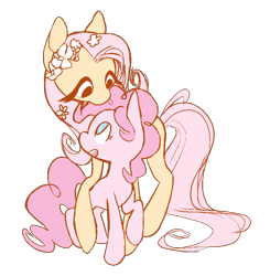 Size: 777x794 | Tagged: safe, artist:chop4, character:fluttershy, character:pinkie pie, species:earth pony, species:pegasus, species:pony, ship:flutterpie, cute, diapinkes, eye contact, female, floral head wreath, flower, flower in hair, hug, lesbian, looking at each other, looking up, mare, missing cutie mark, open mouth, raised hoof, raised leg, shipping, simple background, size difference, smiling, transparent background