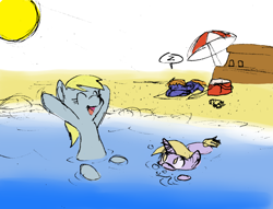 Size: 1024x784 | Tagged: safe, artist:blayaden, character:derpy hooves, character:dinky hooves, species:pegasus, species:pony, beach, equestria's best mother, female, mare, swimming